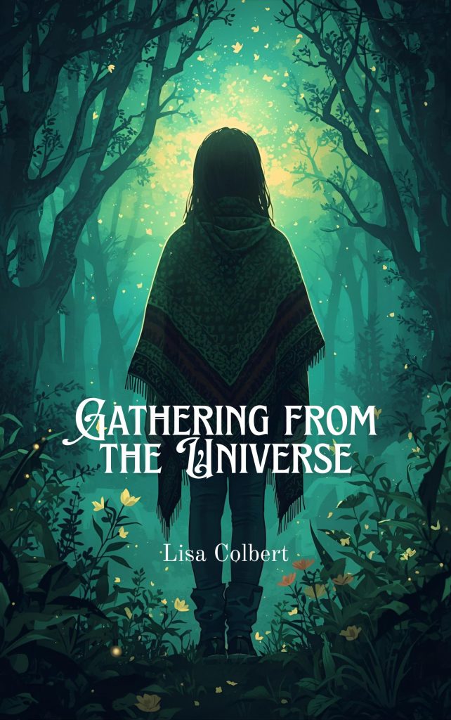Cover of a metaphysical adventure fantasy novel with a glowing forest in the background and a female silhouette in the foreground.